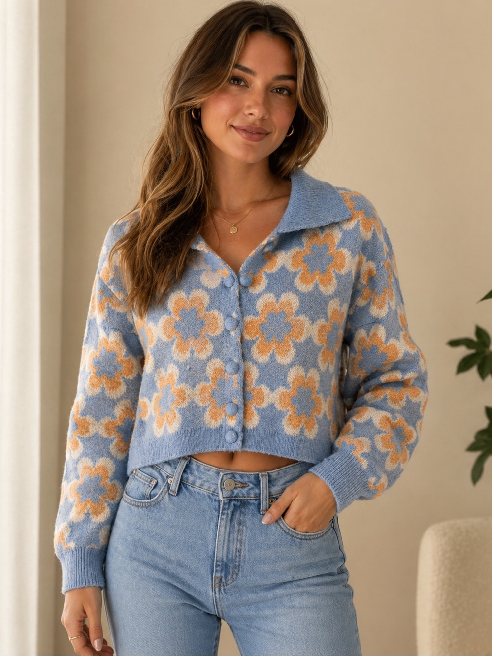 Industry Republic Floral Cardigan Sweater Blue Orange Cropped Knit Cottagecore